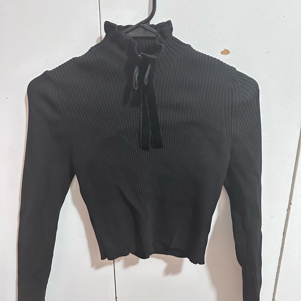 Black Ribbed High Neck Women's Top